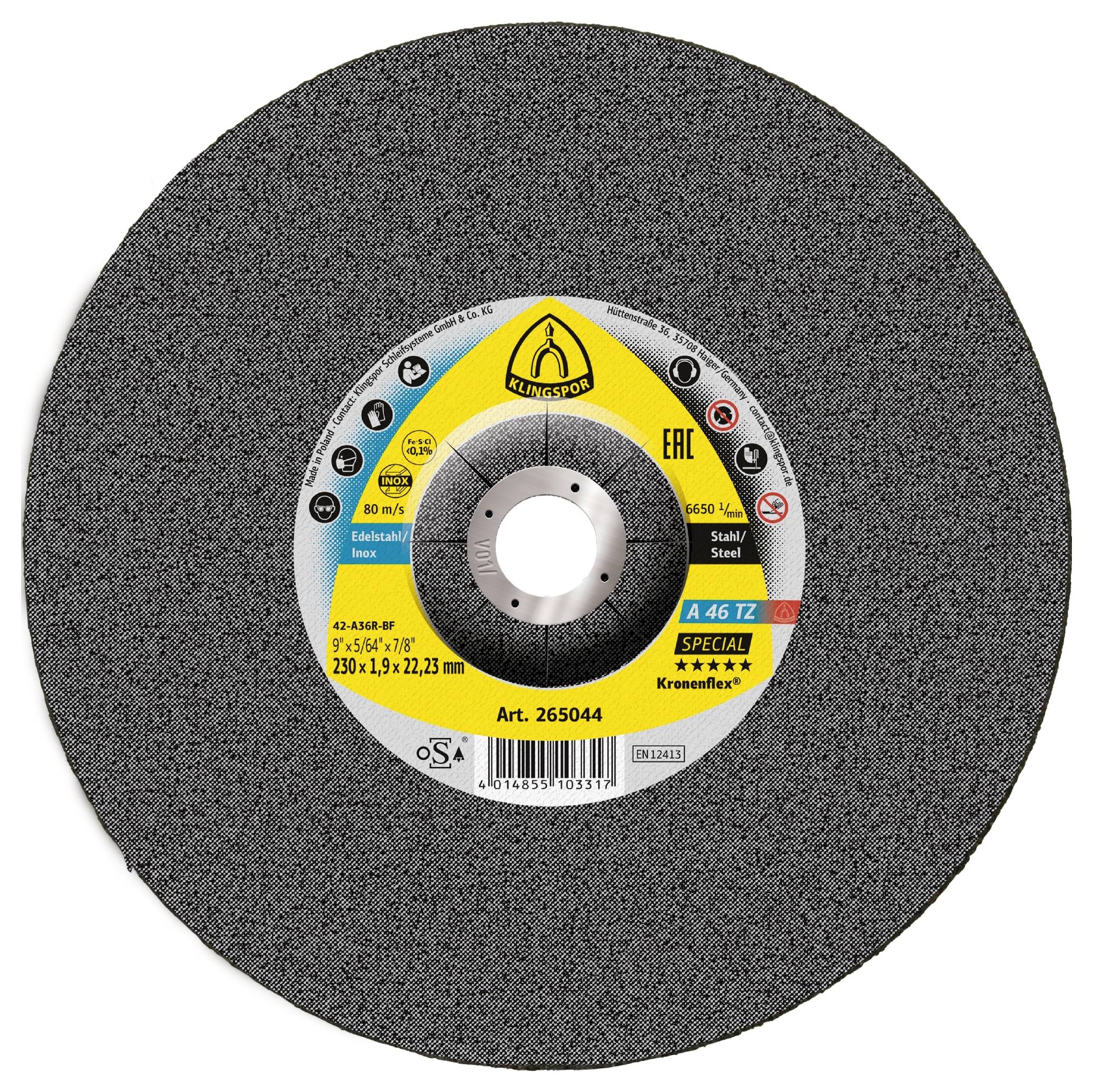 Grinding disc labeled for metal use; specifications include 9" diameter, maximum RPM of 6,660, and 'Kronenflex' branding.