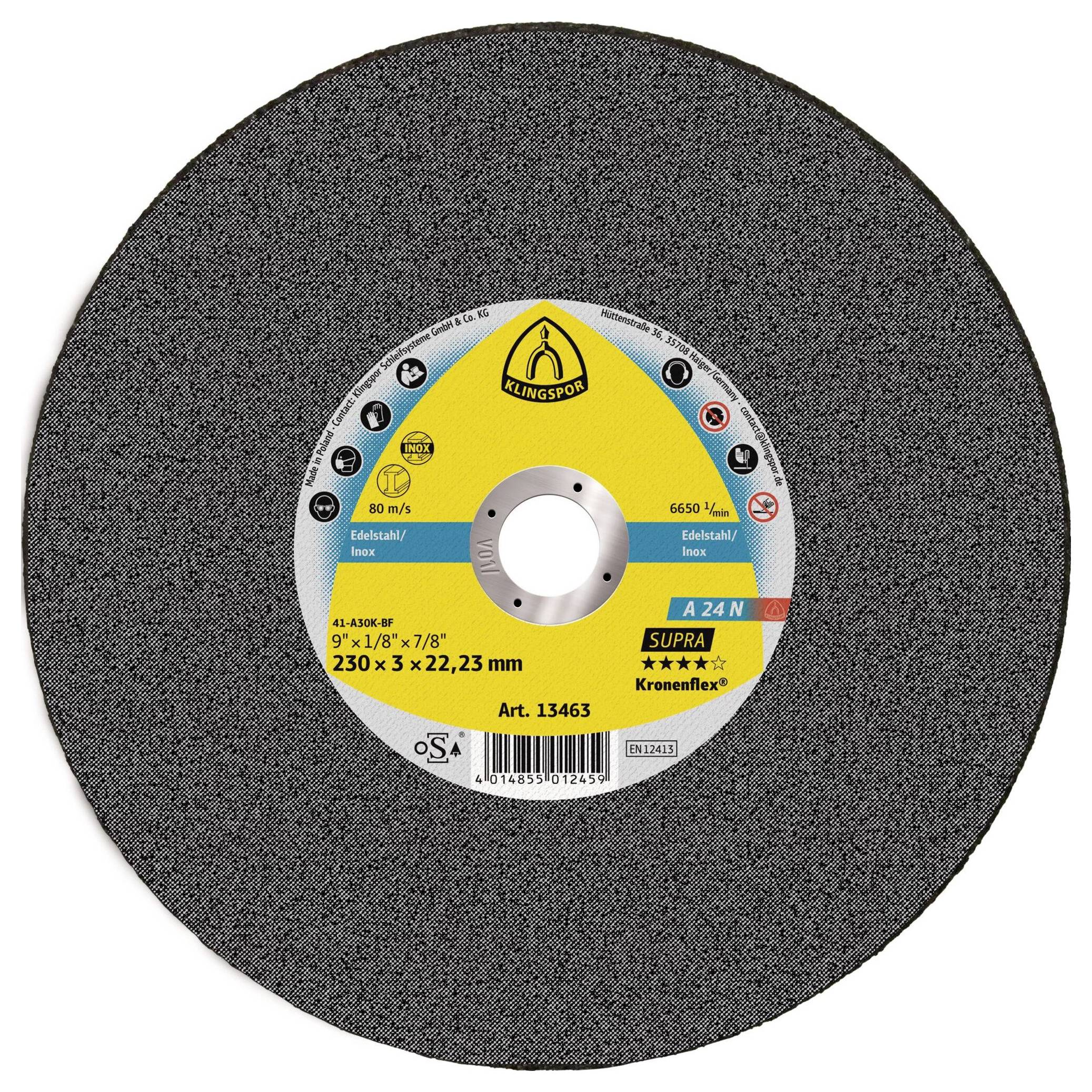 A round abrasive cutting disc with a yellow and blue label in the center reads 'Klingspor Kronenflex A 24 N Supra, 80 m/s, 230 mm x 3 x 22.23 mm, Art. 13463'.