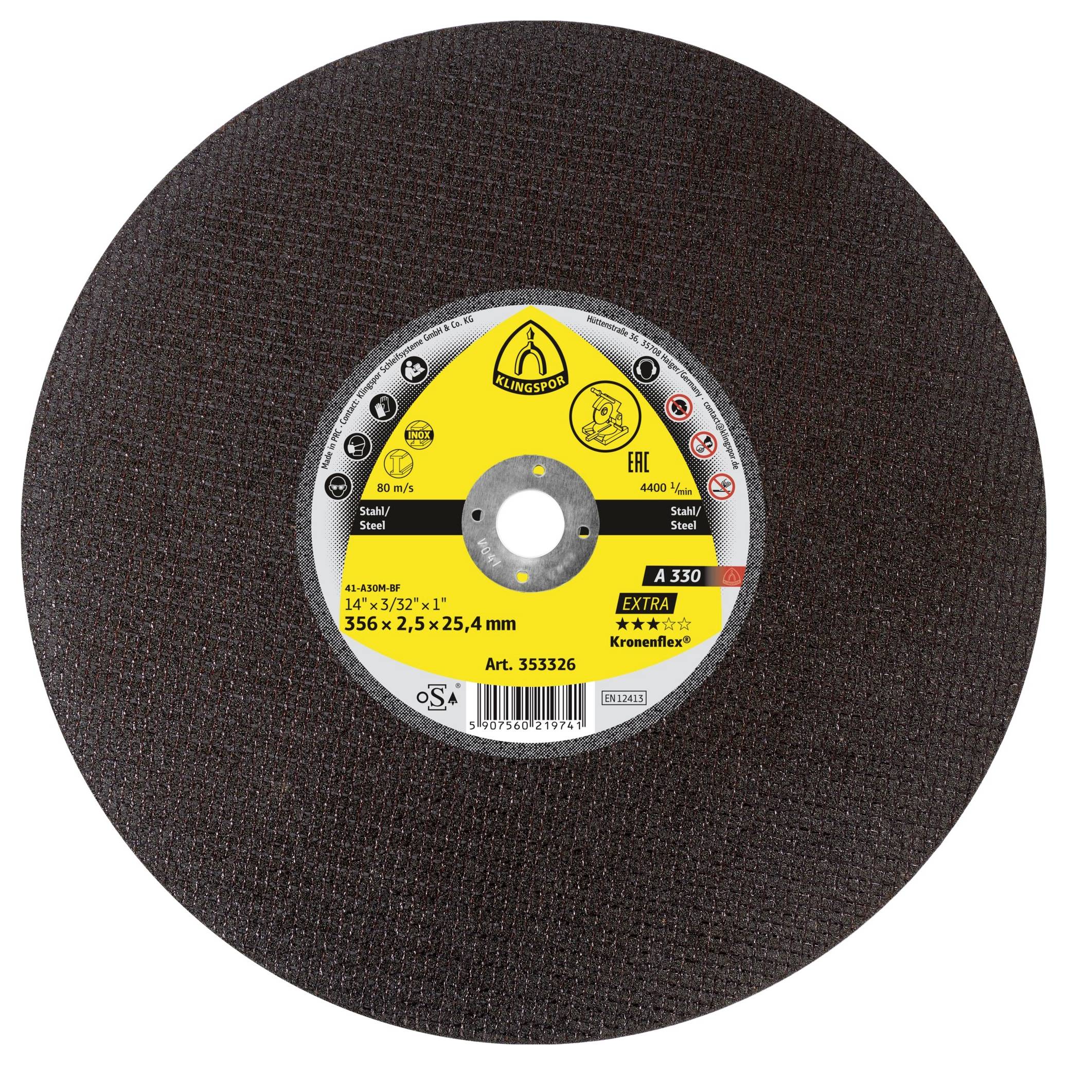 Industrial circular cutting disc for steel, labeled 'A 350' with specifications: 356 x 2.5 x 25.4 mm, 4400 RPM max speed, 80 m/s.
