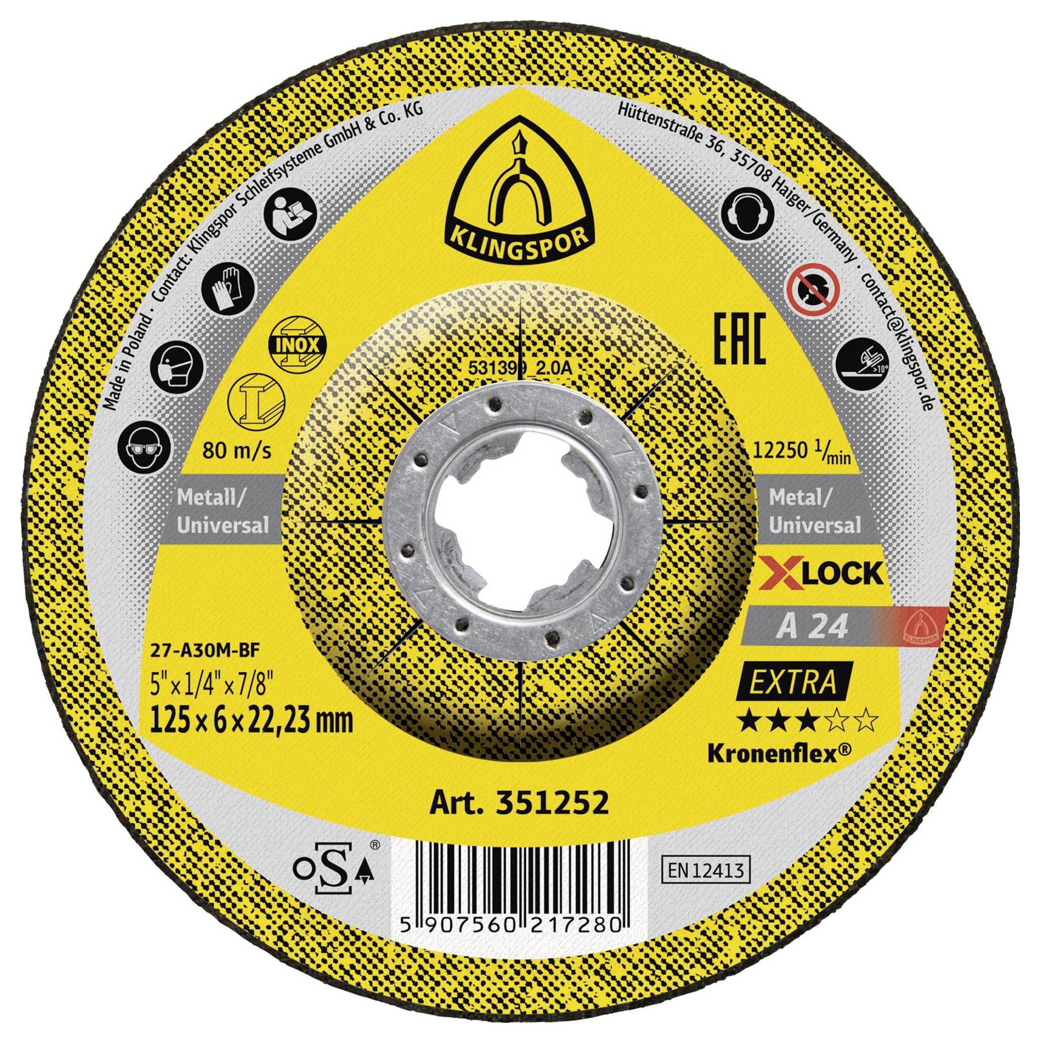 A yellow Klingspor metal and universal cutting disc with a 125 mm diameter for grinders, featuring EAC certification and X-Lock system.