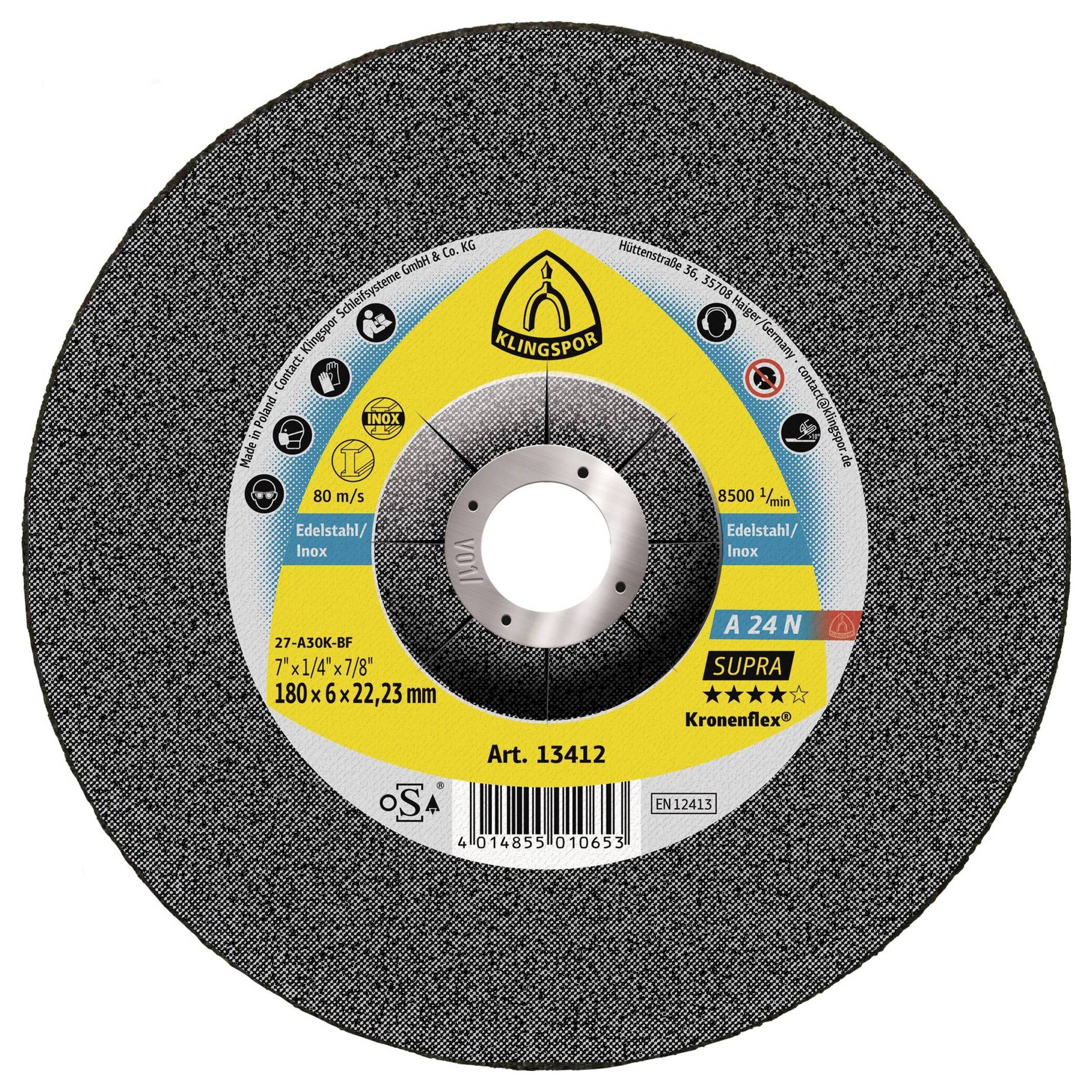 'A Klingspor Supra cutting disc with specifications: 7"x1/4"x7/8", 80 m/s, 6500 RPM, metal cutting, model A24N. Blue and yellow label.'