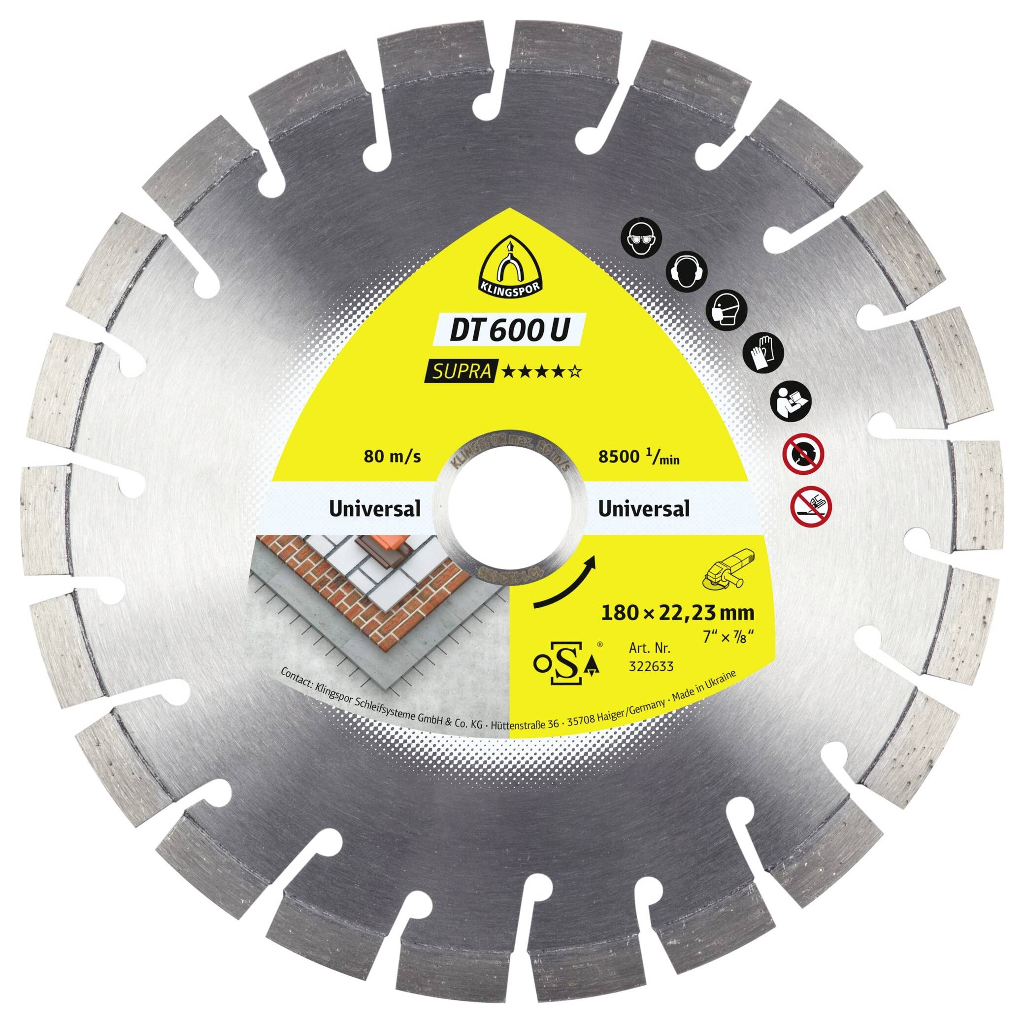 Circular saw blade labeled 'DT600 U Supra', indicating speed '80 m/s', '8500 1/min', and dimensions '180 x 22,23 mm'. Suitable for universal cutting.