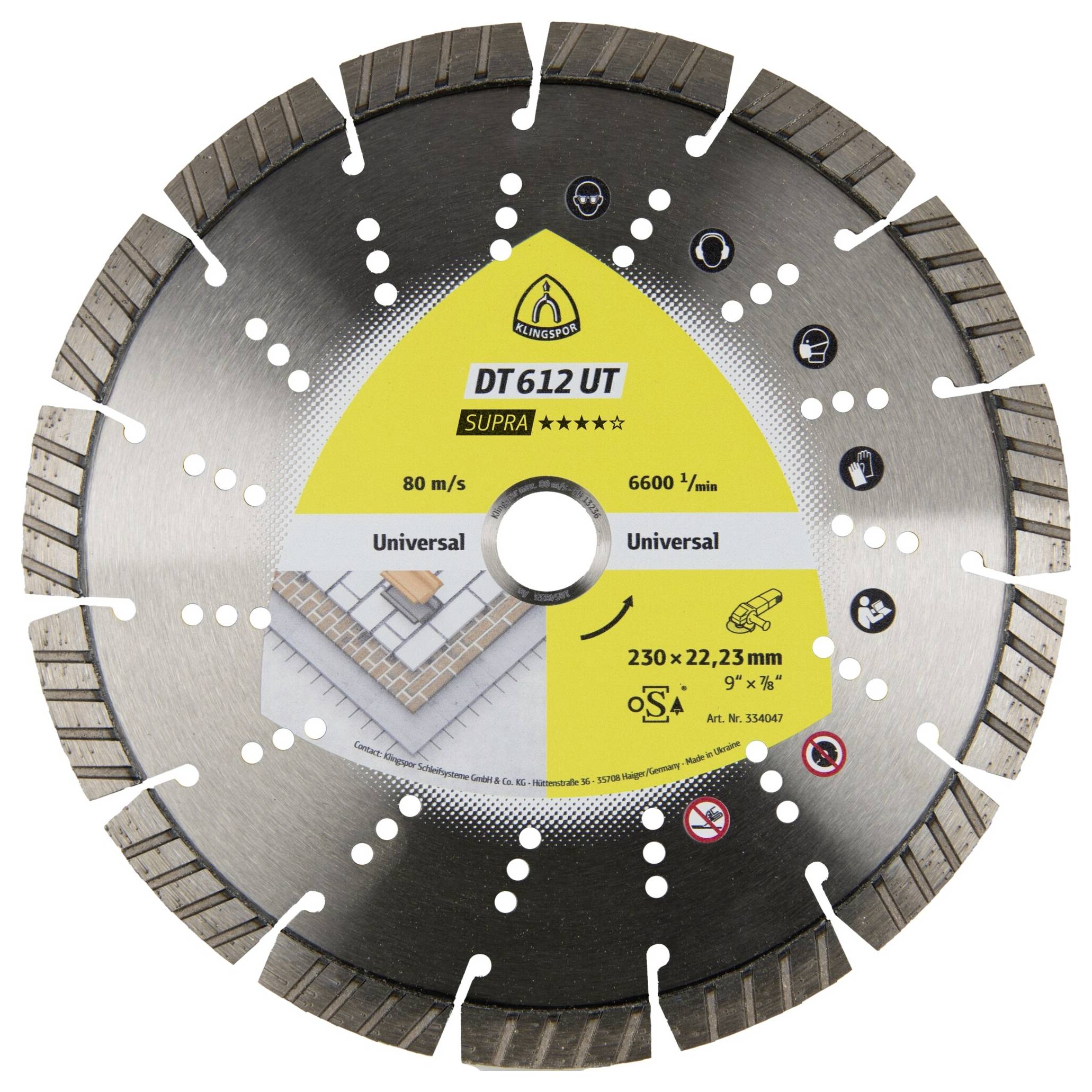 A circular saw blade labeled 'DT612 UT Supra' for universal use on various materials, featuring slots for reduced vibration and cooling.