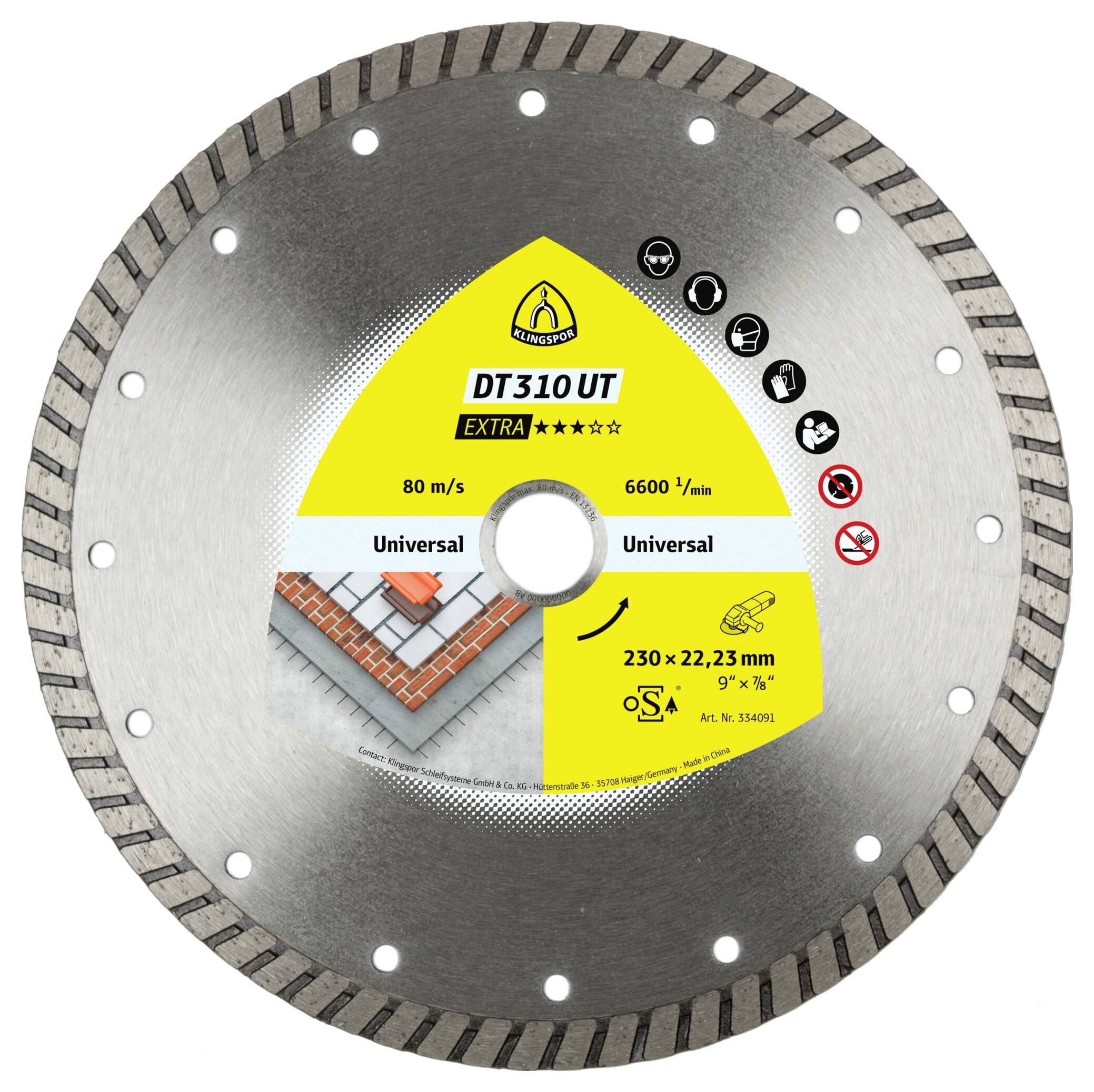 Circular saw blade labeled 'DT310 UT Extra, Universal, 230 x 22.23 mm, 80 m/s, 6600 1/min' with brick and tile icons, suitable for cutting.