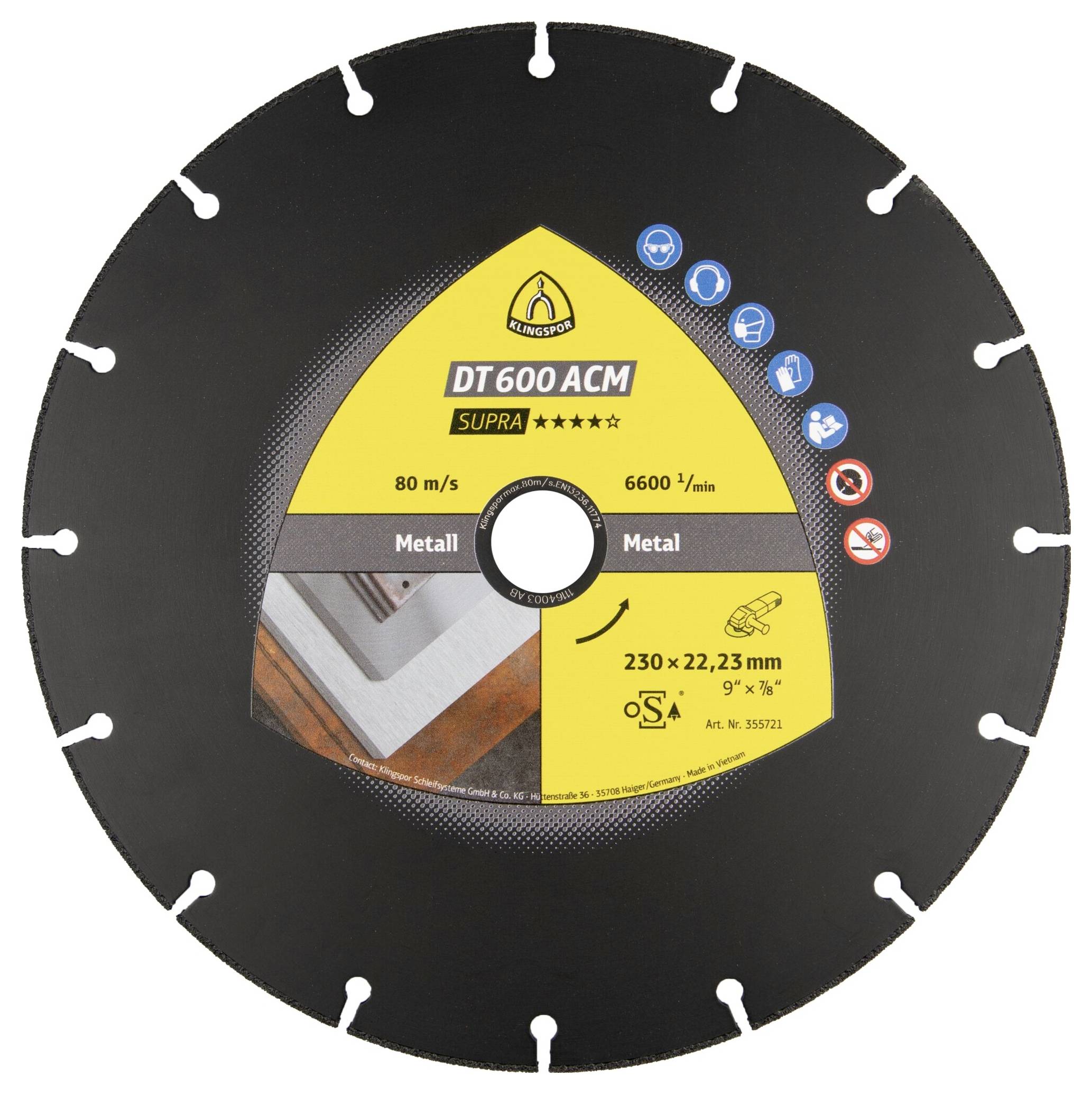 Circular metal cutting blade labeled 'DT 600 ACM Supra'. Designed for 80 m/s, 6600 rpm. Used for metal, 230 x 22.23 mm dimensions.