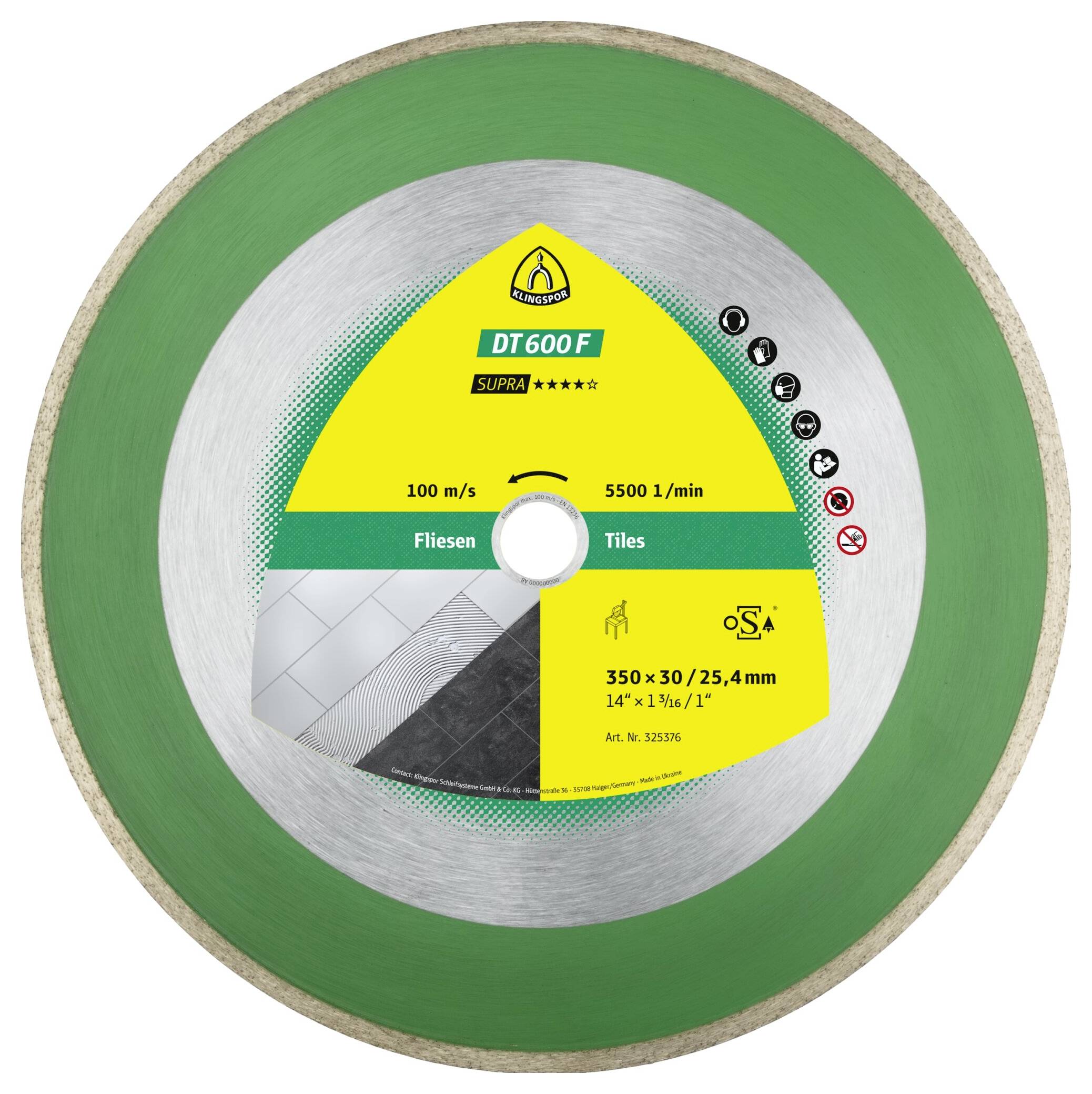 A green and silver circular saw blade labeled 'DT 600 F', designed for cutting tiles, with speed markings and dimensions 350x30/25.4mm.