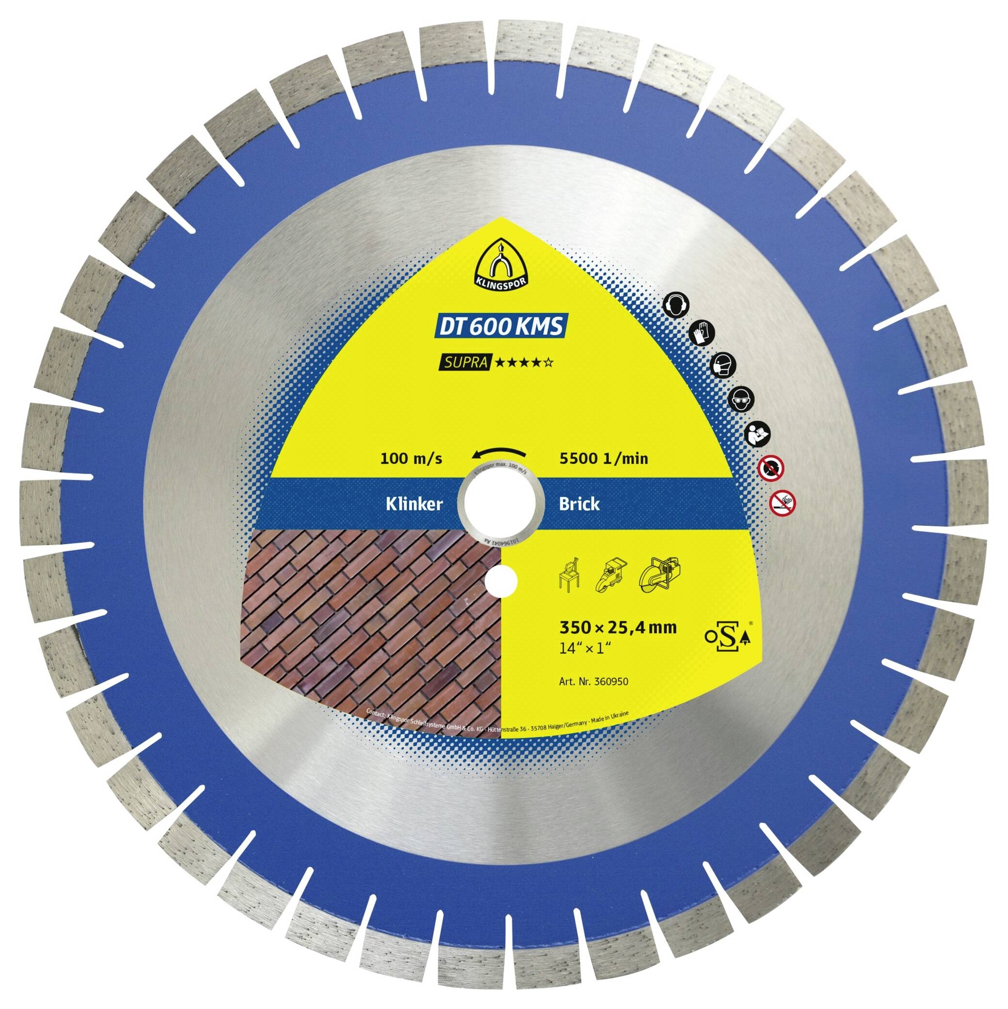 A circular saw blade labeled 'DT 600 KMS SUPRA' for cutting klinker and brick. Features include 100 m/s speed and 350 x 25.4 mm size.