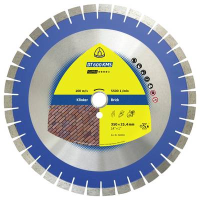 A circular saw blade labeled 'DT 600 KMS SUPRA' for cutting klinker and brick. Features include 100 m/s speed and 350 x 25.4 mm size.