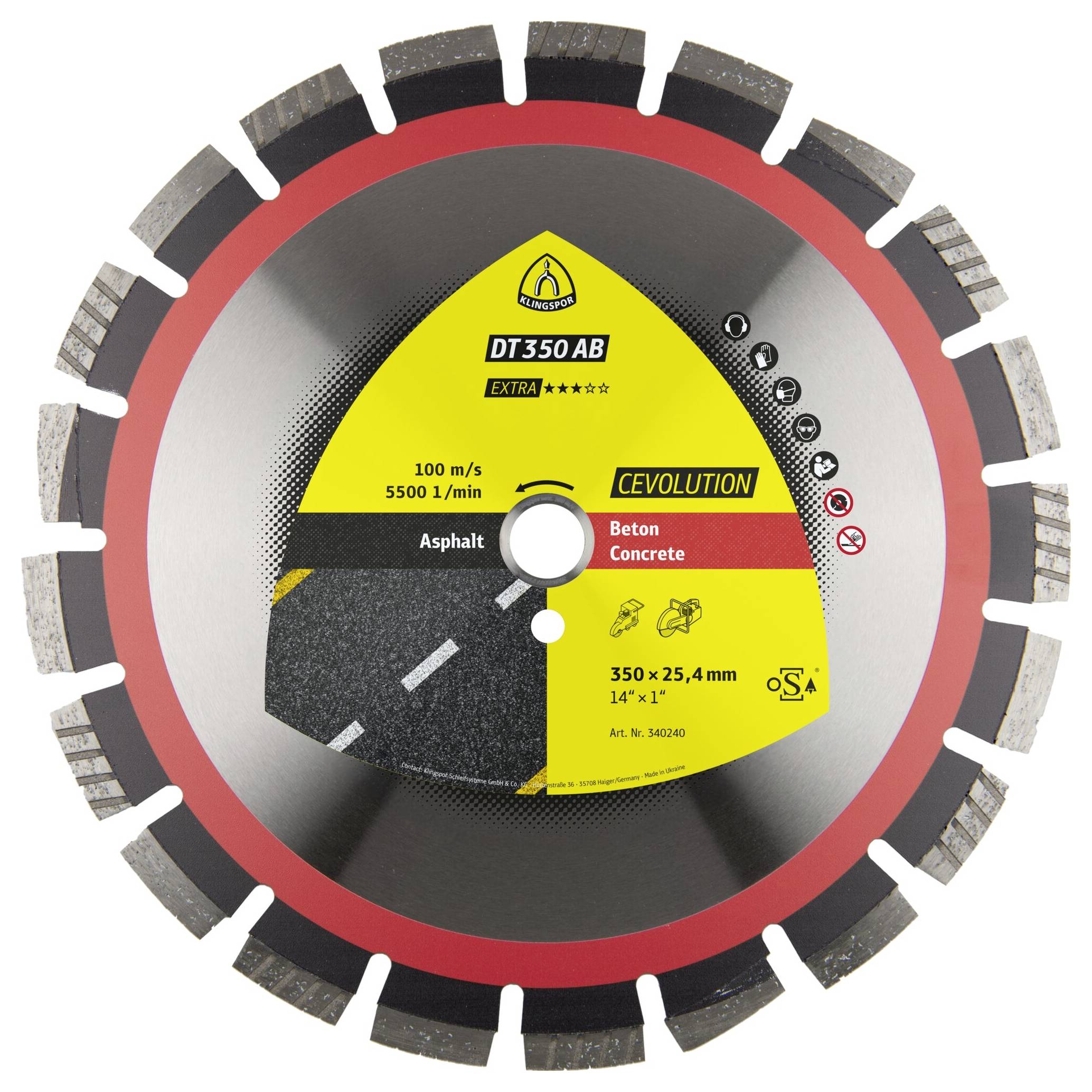 A circular saw blade labeled 'DT 350 AB' for cutting asphalt and concrete, measuring 350 x 25.4 mm, speed of 100 m/s, with safety icons.