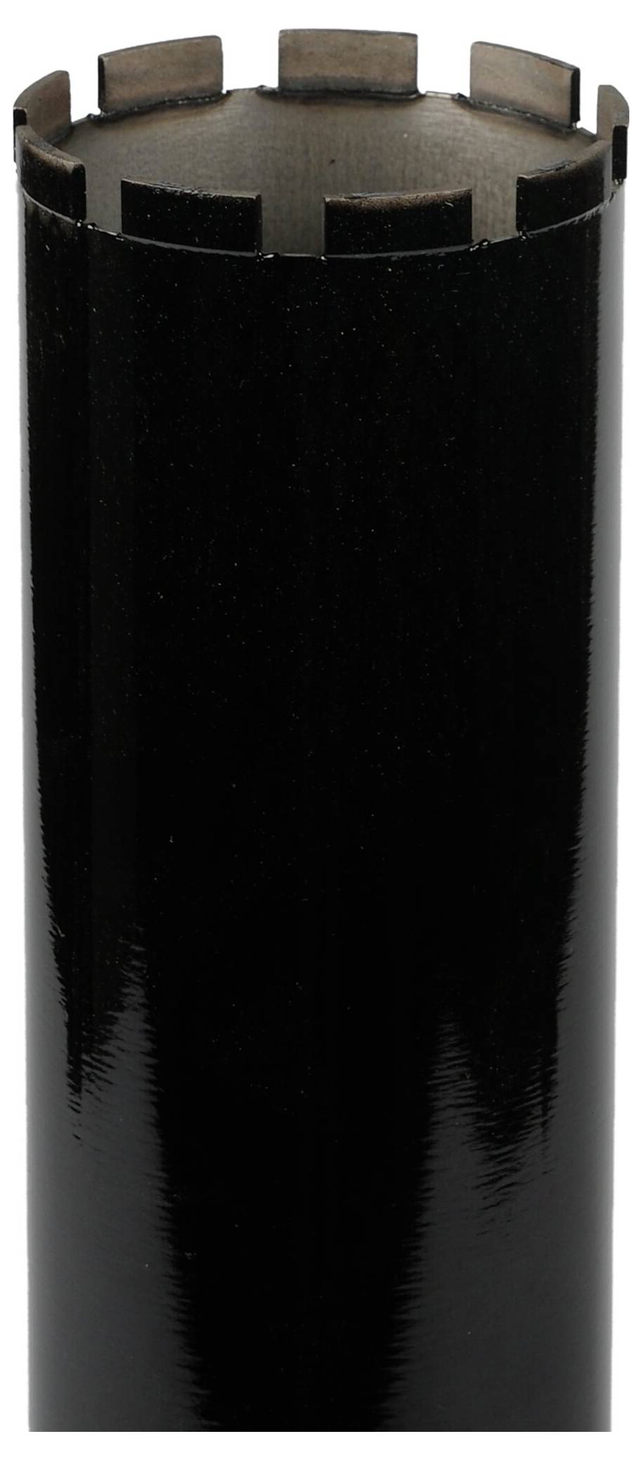A cylindrical black tube with evenly spaced rectangular notches at the top edge, appearing shiny and reflective.