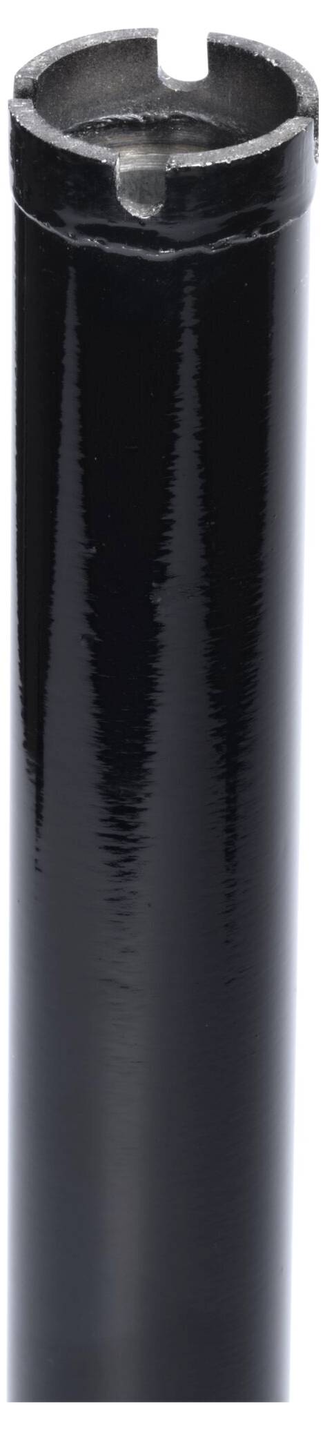 'A black cylindrical metal pole with a notched top, used for holding signs or as a structural support.'