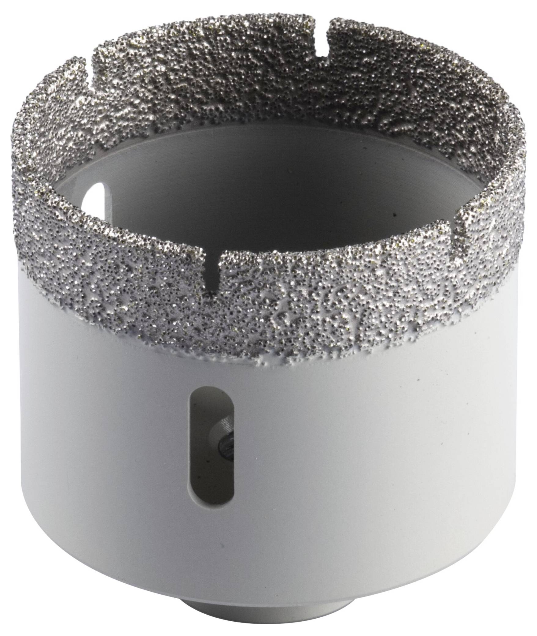 A metal hole saw with a diamond-coated edge, used for cutting precise holes in hard materials like tiles or stones.