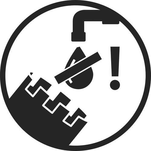 'Warning sign: Don't drink the water.' A circle with a faucet, droplet, exclamation mark, and zigzag line.