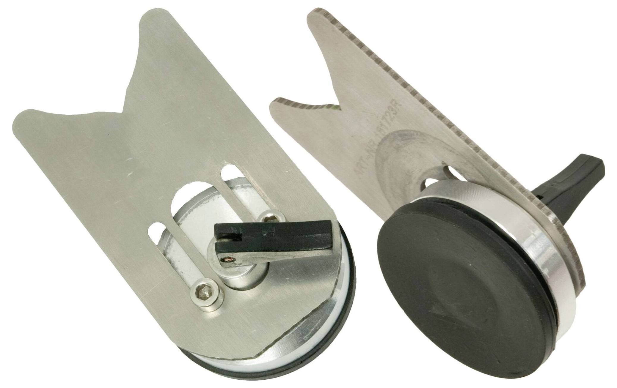 Two metal blade guards with black handles, used for protecting saw blades during transport or storage.