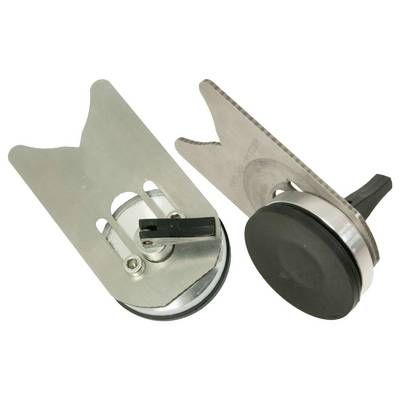 Two metal blade guards with black handles, used for protecting saw blades during transport or storage.