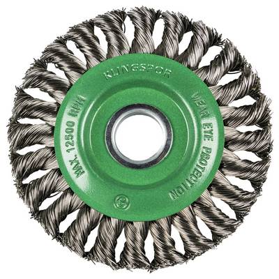 A circular wire brush with twisted steel bristles and a green center. Text reads '12500 RPM' and 'Wear Eye Protection'.