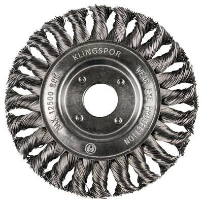 A circular wire brush tool with twisted bristles, designed for cleaning or surface preparation. Markings show brand 'KLINGSPOR' and 'MAX 12500 RPM'.