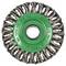 A circular wire brush tool with twisted bristles, a green center labeled with 'MAX 12500 RPM', used for metal surface cleaning or rust removal.