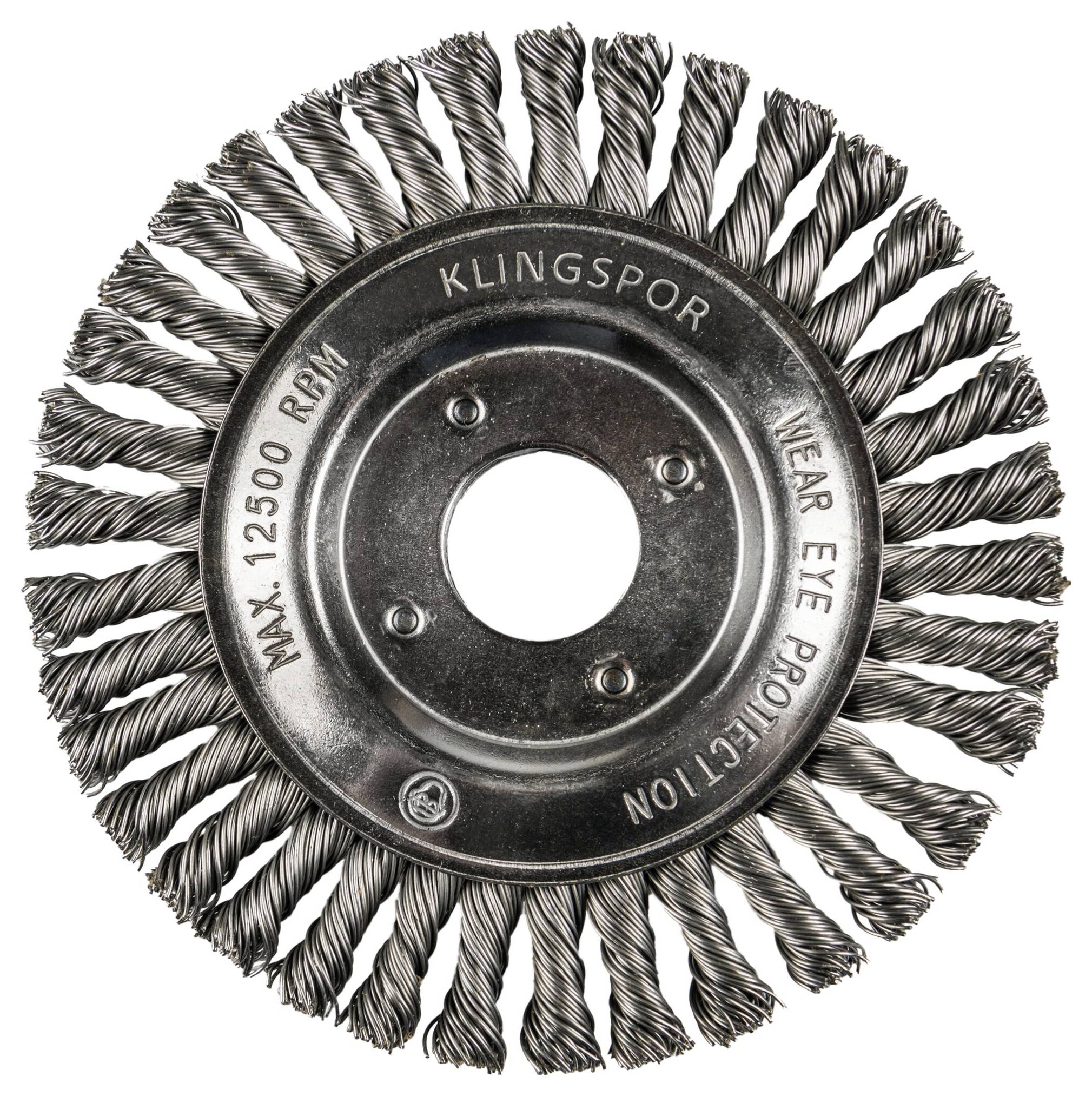 A circular metal wire brush attachment, labeled 'Klingspor', with twisted bristles and text urging 'Wear Eye Protection', used for power tools.