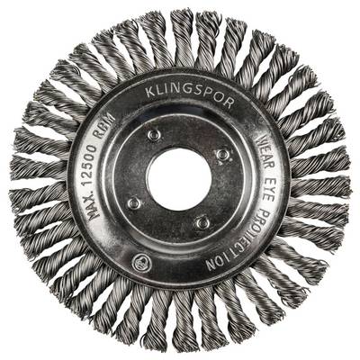 A circular metal wire brush attachment, labeled 'Klingspor', with twisted bristles and text urging 'Wear Eye Protection', used for power tools.