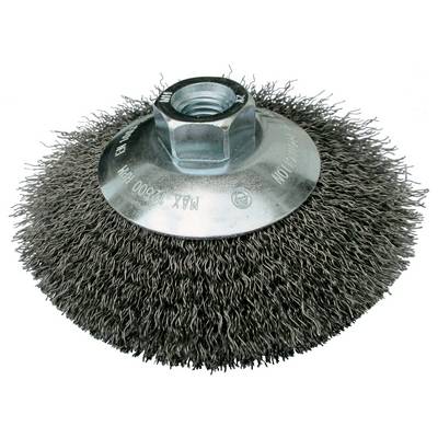 A circular wire brush with a threaded center for attachment, used for cleaning or polishing surfaces in industrial or DIY tasks.