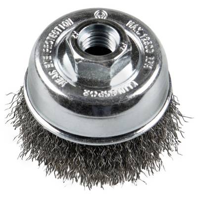 A round metal wire brush attachment with dense bristles and a central threaded hole for mounting on power tools, used for cleaning surfaces.