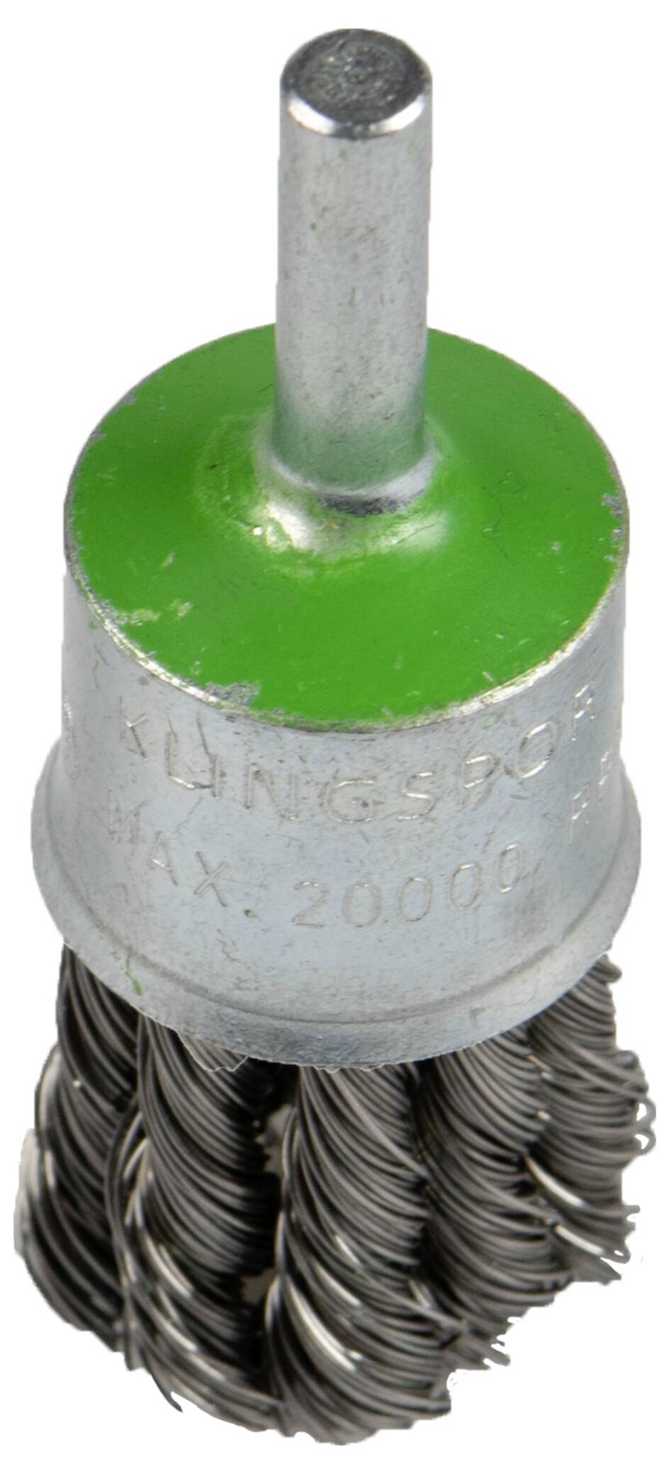 A cylindrical wire brush attachment with a green plastic cap and metal bristles, designed for polishing or cleaning surfaces.