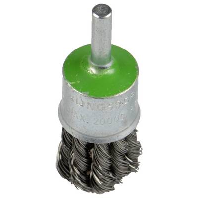 A cylindrical wire brush attachment with a green plastic cap and metal bristles, designed for polishing or cleaning surfaces.