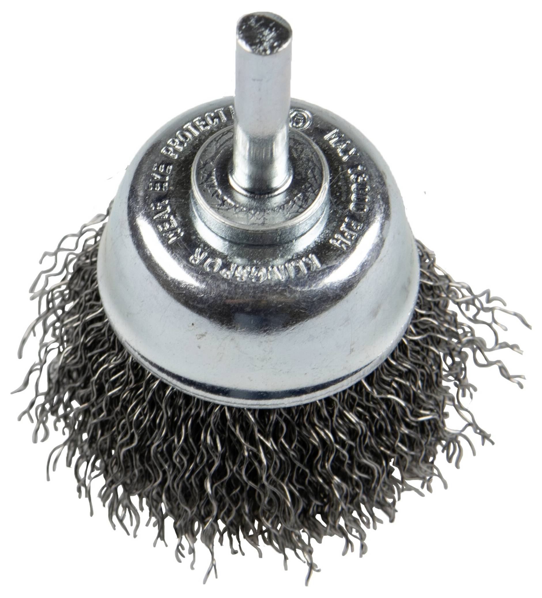 A metal wire brush attachment with twisted bristles, typically used for cleaning or grinding surfaces, featuring a cylindrical mount.