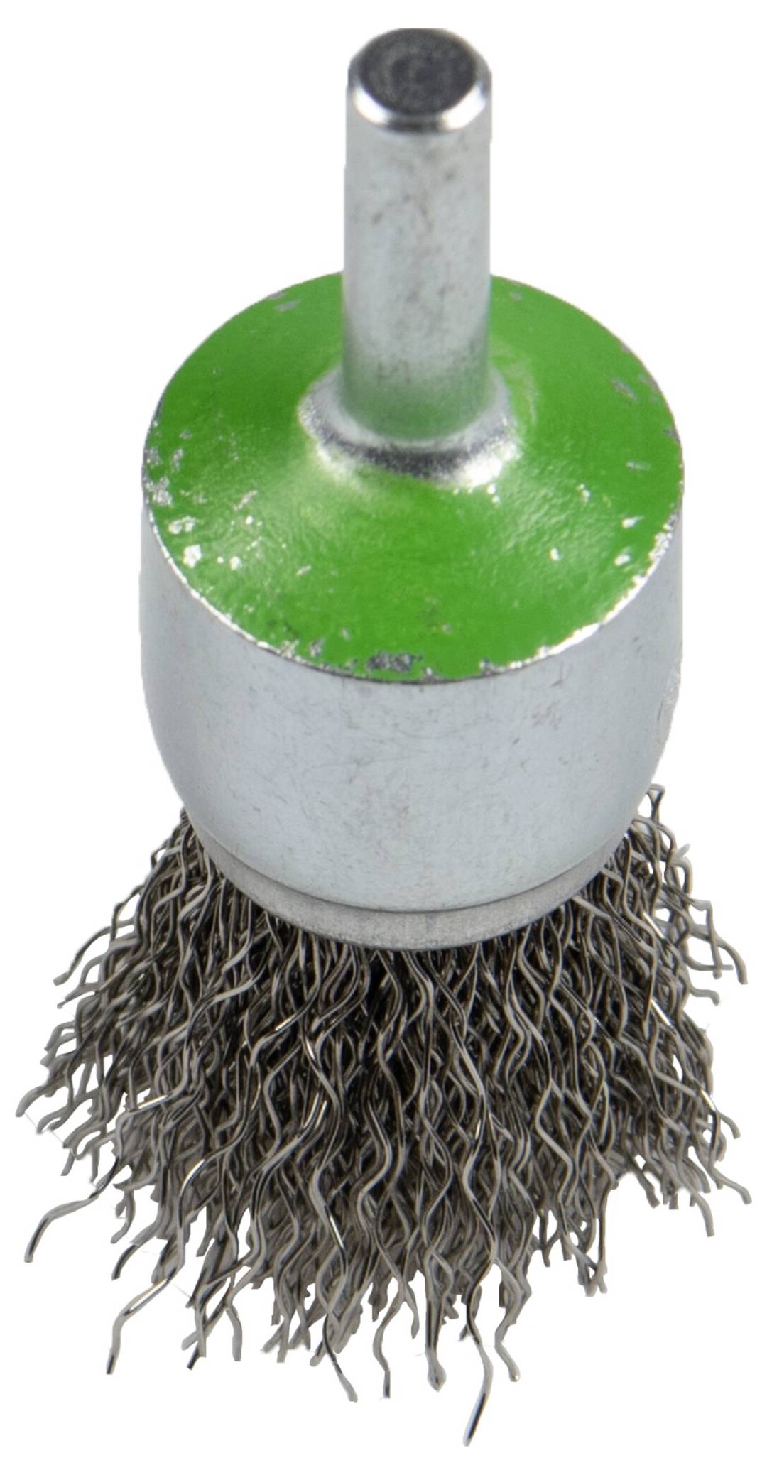 A round wire brush attachment with a metal stem and green top, used for cleaning or grinding surfaces.