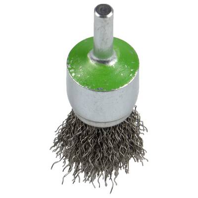 A round wire brush attachment with a metal stem and green top, used for cleaning or grinding surfaces.