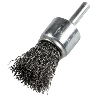 A metal wire brush attachment with bristles extending from a cylindrical base; designed for cleaning and polishing surfaces.
