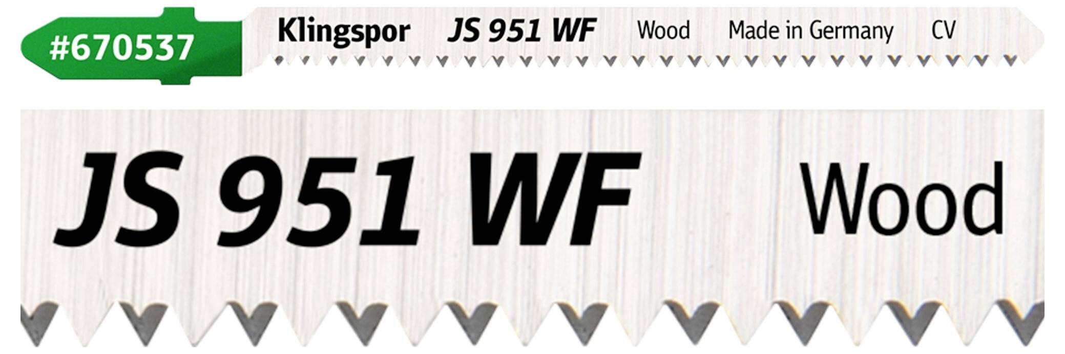 Green label with '#670537', and white label showing 'JS 951 WF', 'Wood', 'Made in Germany', 'CV'. Both labels have a jagged edge design.