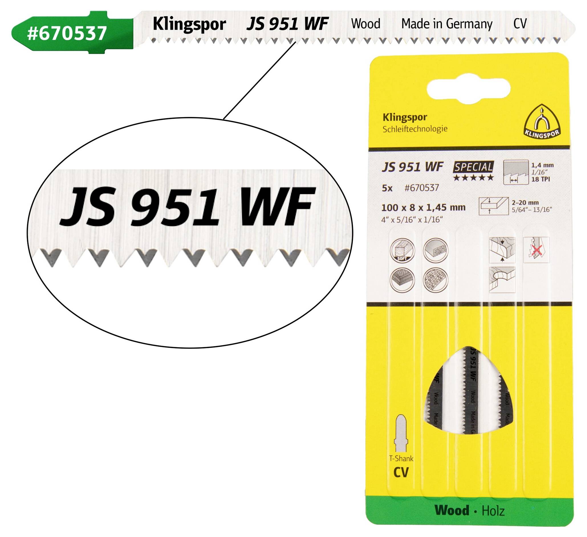 'JS 951 WF' jigsaw blades package, 5 blades, Klingspor brand, for wood, made in Germany, product number #670537, T-shank type.