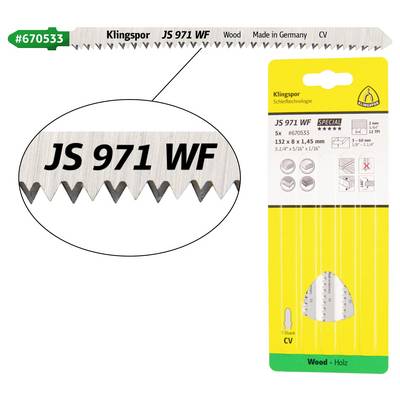 'Klingspor JS 971 WF' saw blade for wood, made in Germany. Package displays blade teeth pattern and key features.