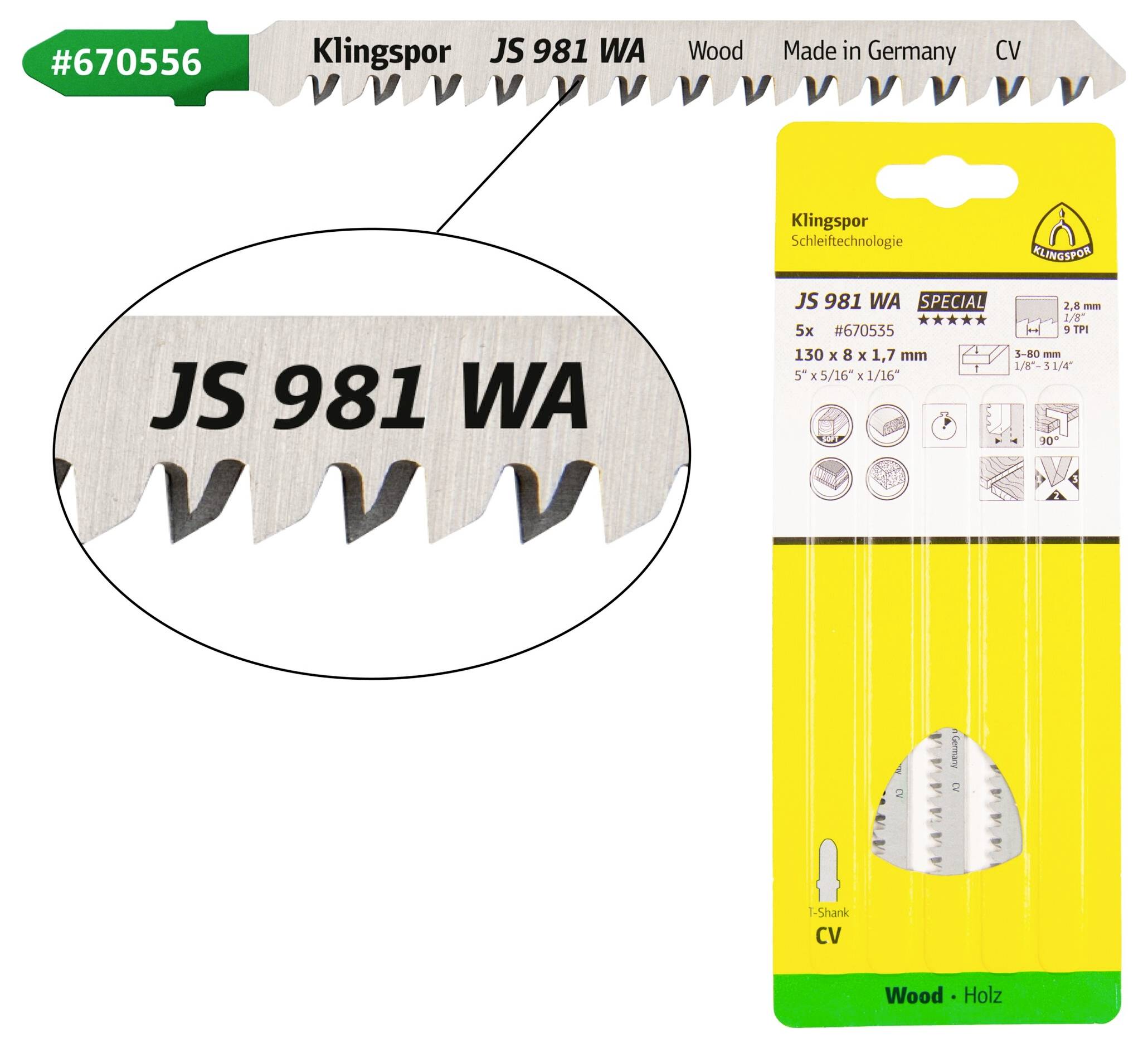 A yellow Klingspor jigsaw blade package labeled 'JS 981 WA', showing a close-up of teeth. Includes details 'Wood', 'Made in Germany', 'CV'.