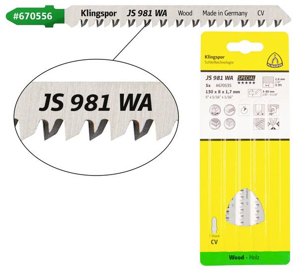Klingspor 670535 JS 981 WA jigsaw blades, 130 x 8 x 1.7 mm useful length 105Chrome-vanadium, cross-ground, conical, 9 teeth per inch, SB-packed in a cardboard box 5 pc(s)