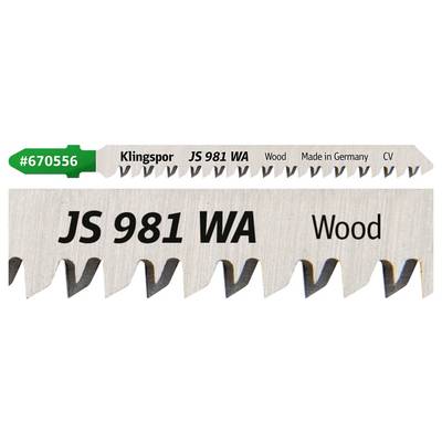 A jigsaw blade labeled 'Klingspor JS 981 WA' for wood, made in Germany, featuring large teeth and a product code '#670556'.