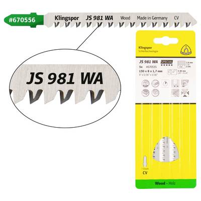 'Klingspor JS 981 WA' jigsaw blade for wood shown in packaging. Details include blade size and origin: 'Made in Germany'.
