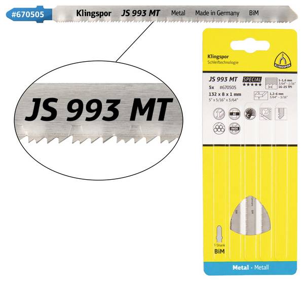 Klingspor 670505 JS 993 MT jigsaw blades, 132 x 8 x 1 mm useful length 110Bi-metal, milled, corrugated, 16-25 teeth per inch, SB-packed in a cardboard box 5 pc(s)