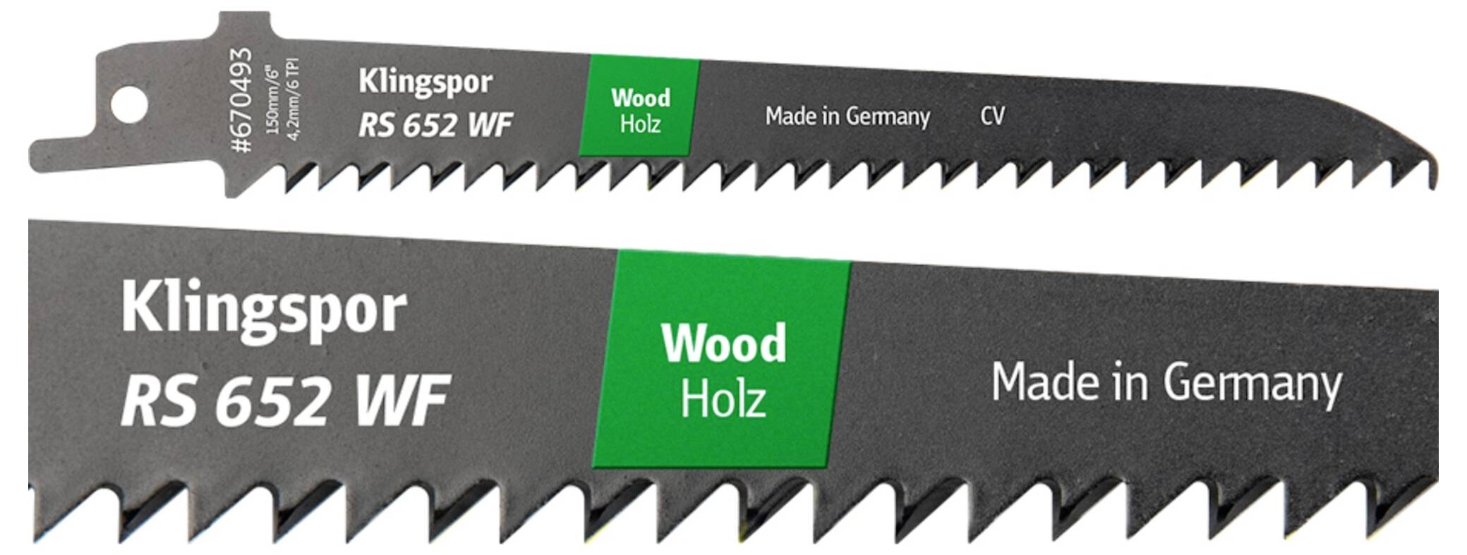Two black saw blades with jagged edges. Text on blades reads 'Klingspor RS 652 WF', 'Wood', 'Made in Germany'.