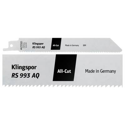 Saw blade with text 'Klingspor RS 993 AQ', 'All-Cut', and 'Made in Germany'. Blade is metallic, toothed, and used for cutting various materials.