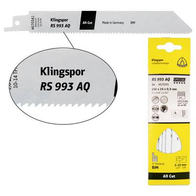 'Saw blade Klingspor RS 993 AQ, made in Germany, BIM material, 150 x 19 x 0.9 mm size, all-cut suitable for 1.5-10 mm materials.'