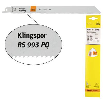 A saw blade labeled 'Klingspor RS 993 PQ' with an enlarged view of the text. The packaging is yellow with usage details.