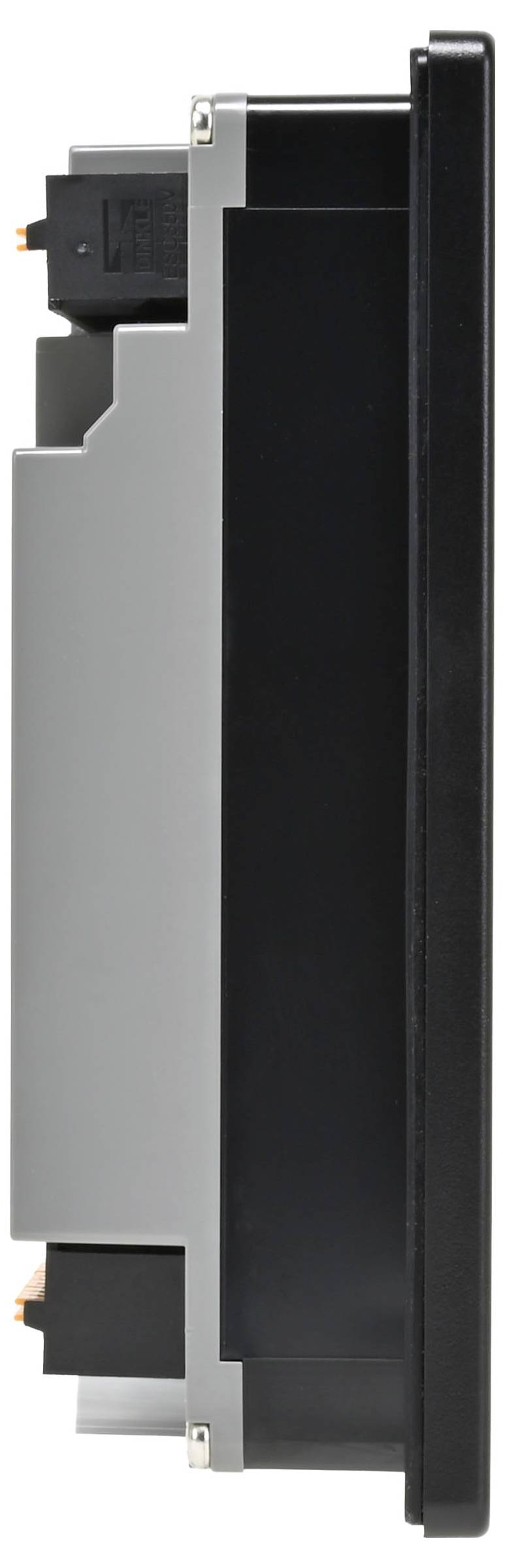 Side view of a gray and black electronic device, likely a printer cartridge, showing its connectors and rectangular shape.