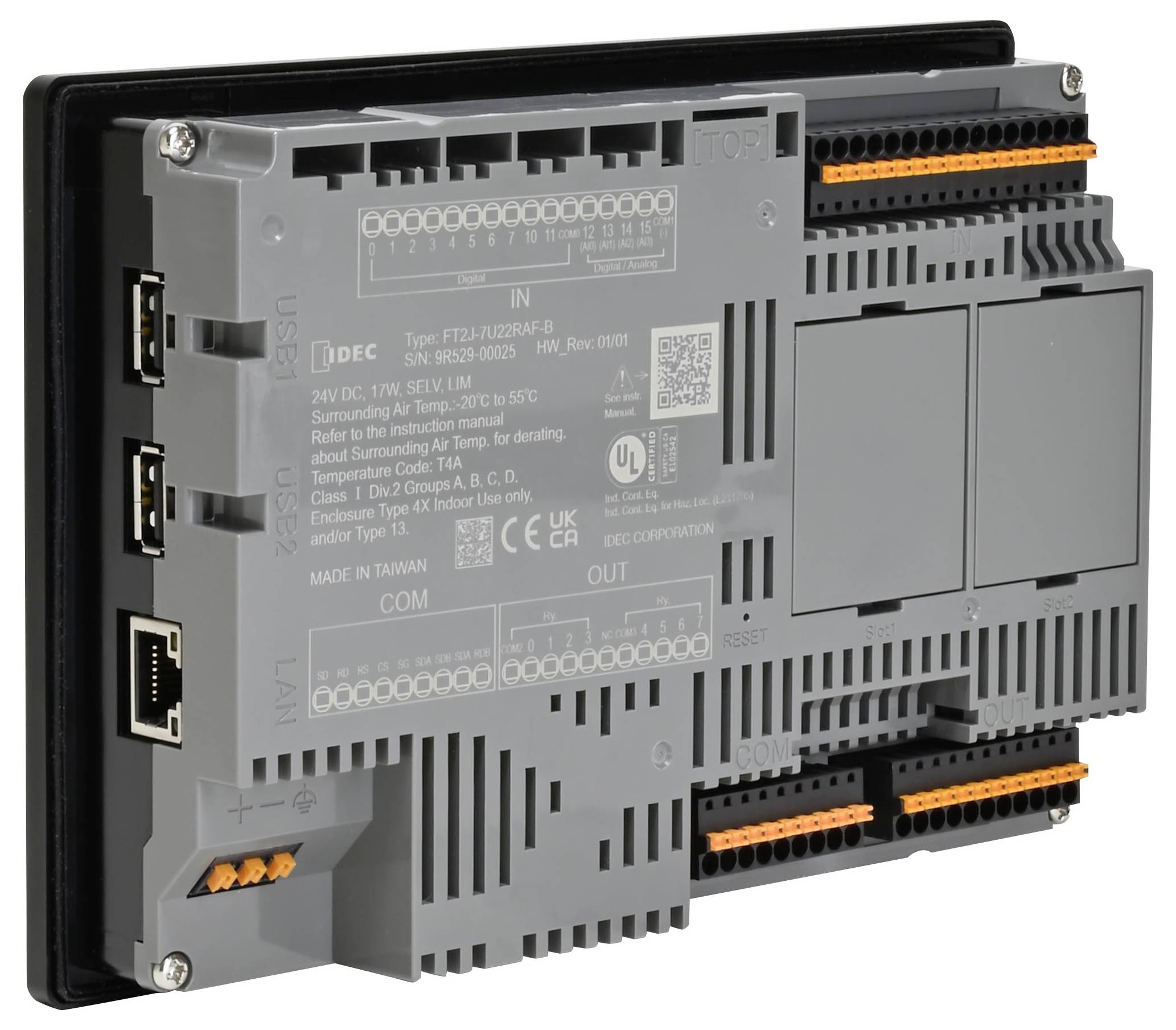 A gray electronic device with various ports and connectors, including a network port and several connection terminals, typically used for industrial applications.