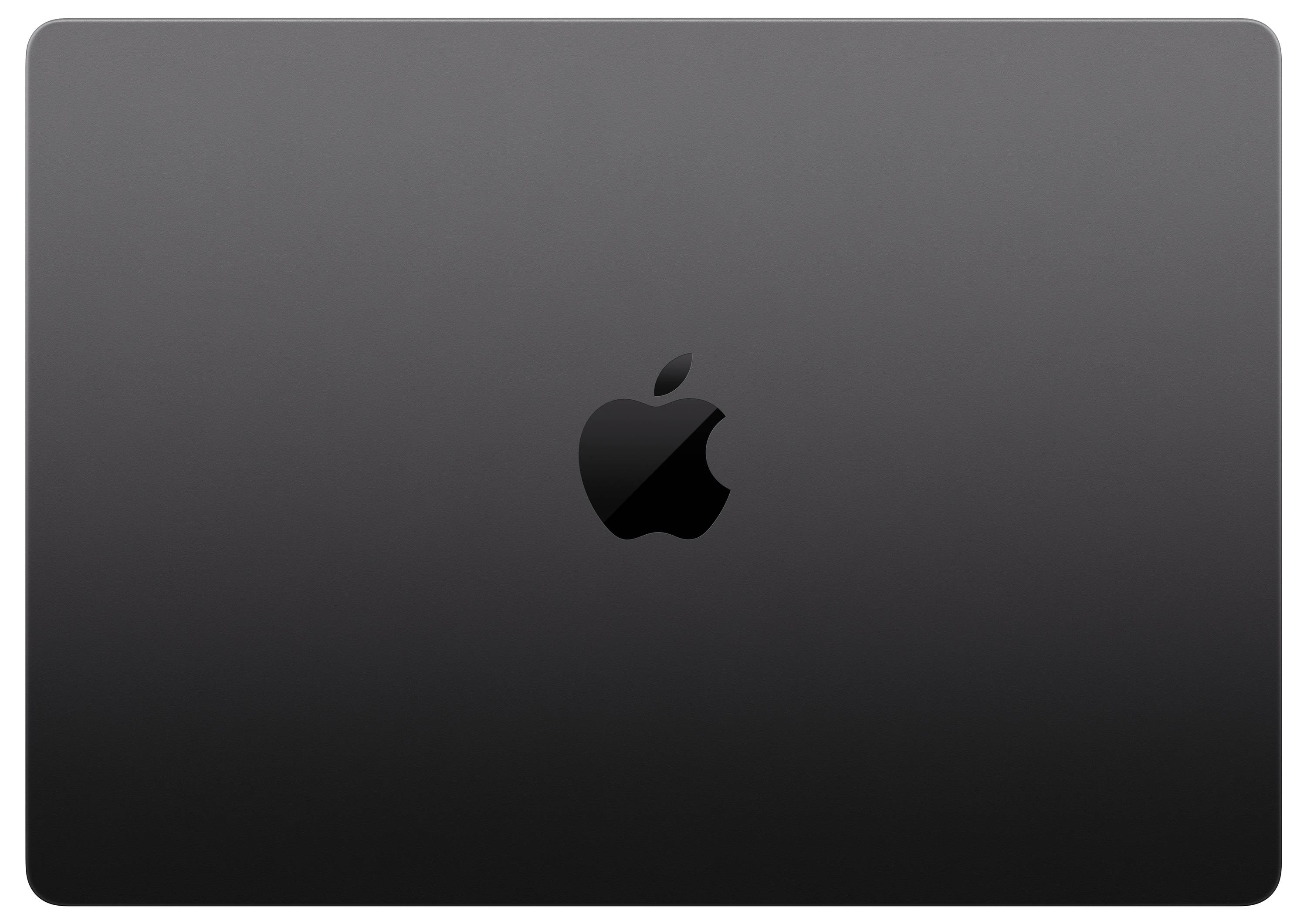 A closed laptop in a dark color, displaying a prominent stylized apple symbol in the center.