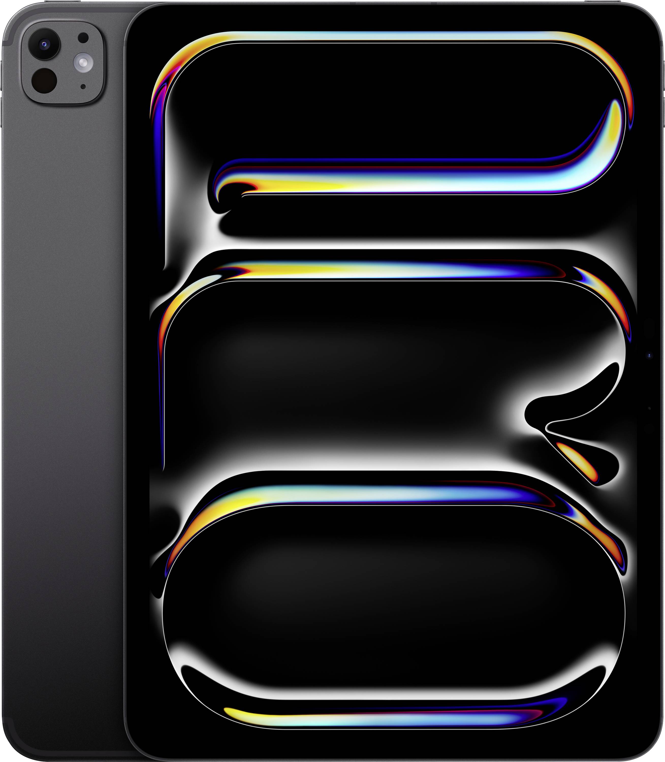 A sleek electronic device with a vibrant, multicolored abstract design on the screen, showing curved lines and shapes on a black background.