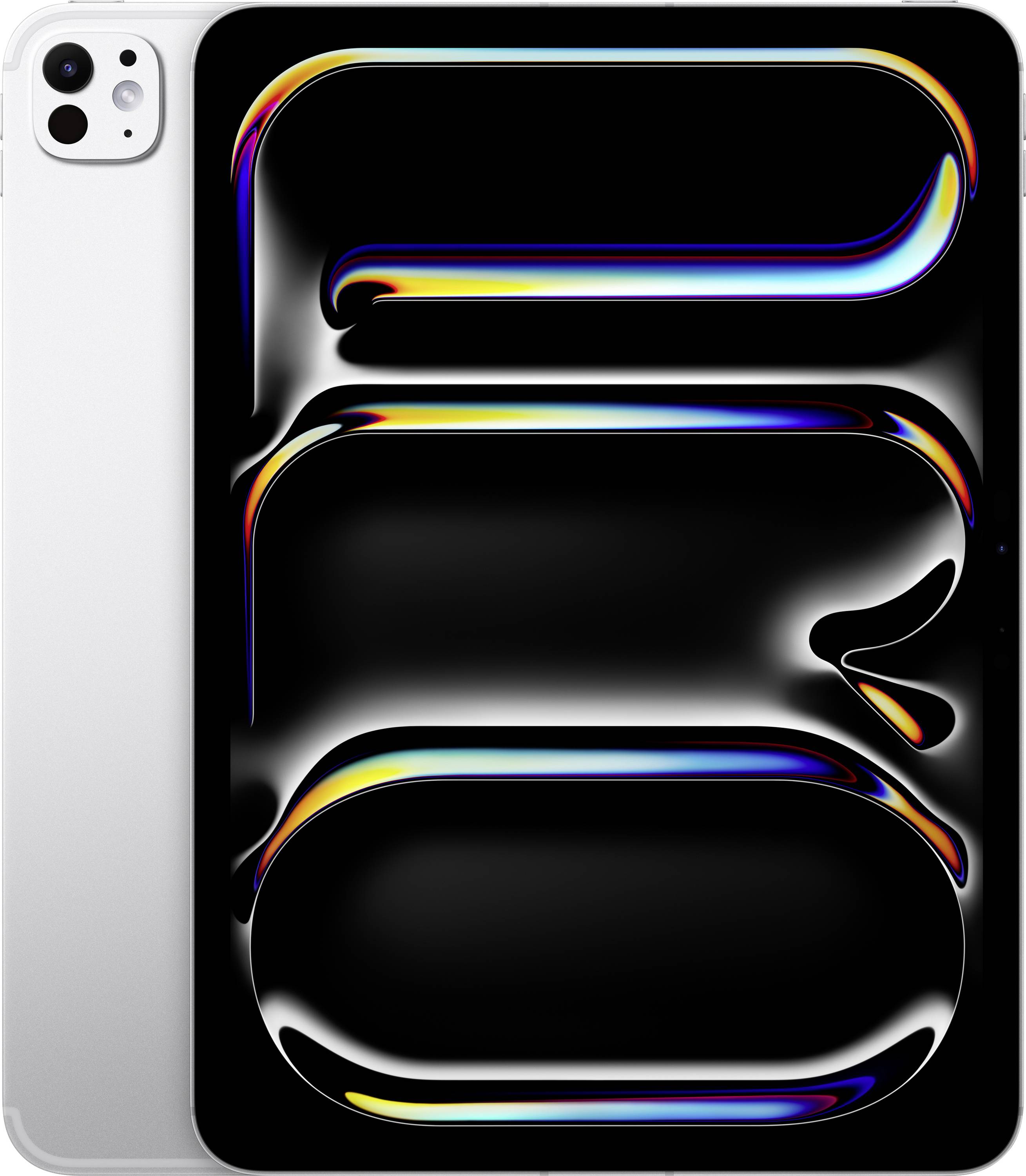 A sleek silver and black tablet with a vibrant abstract design on the screen, featuring flowing lines and gradients of blue, orange, and yellow.