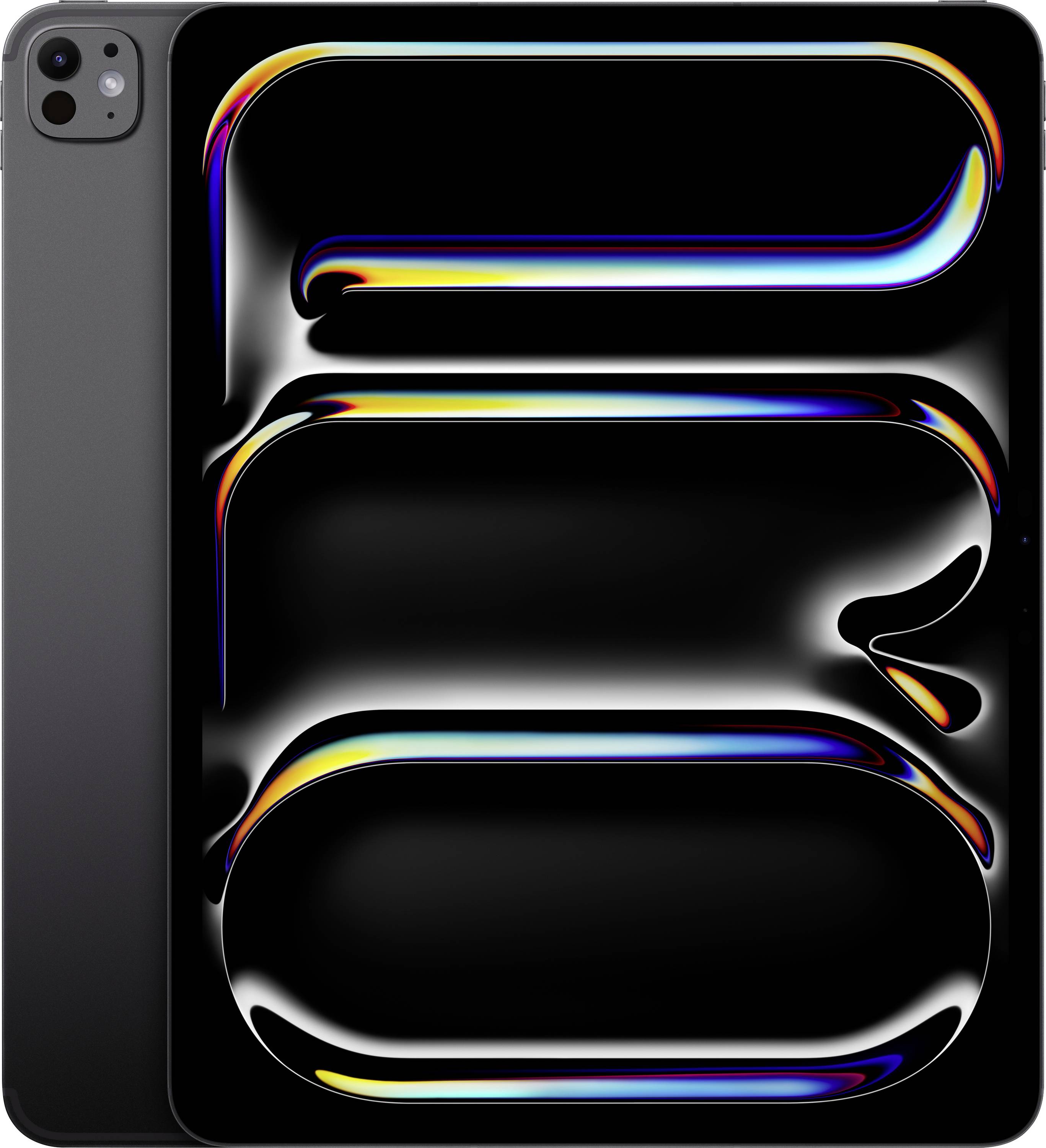 A tablet with a vibrant, abstract design on the screen featuring black spaces and colorful gradient highlights, resembling liquid metal shapes.